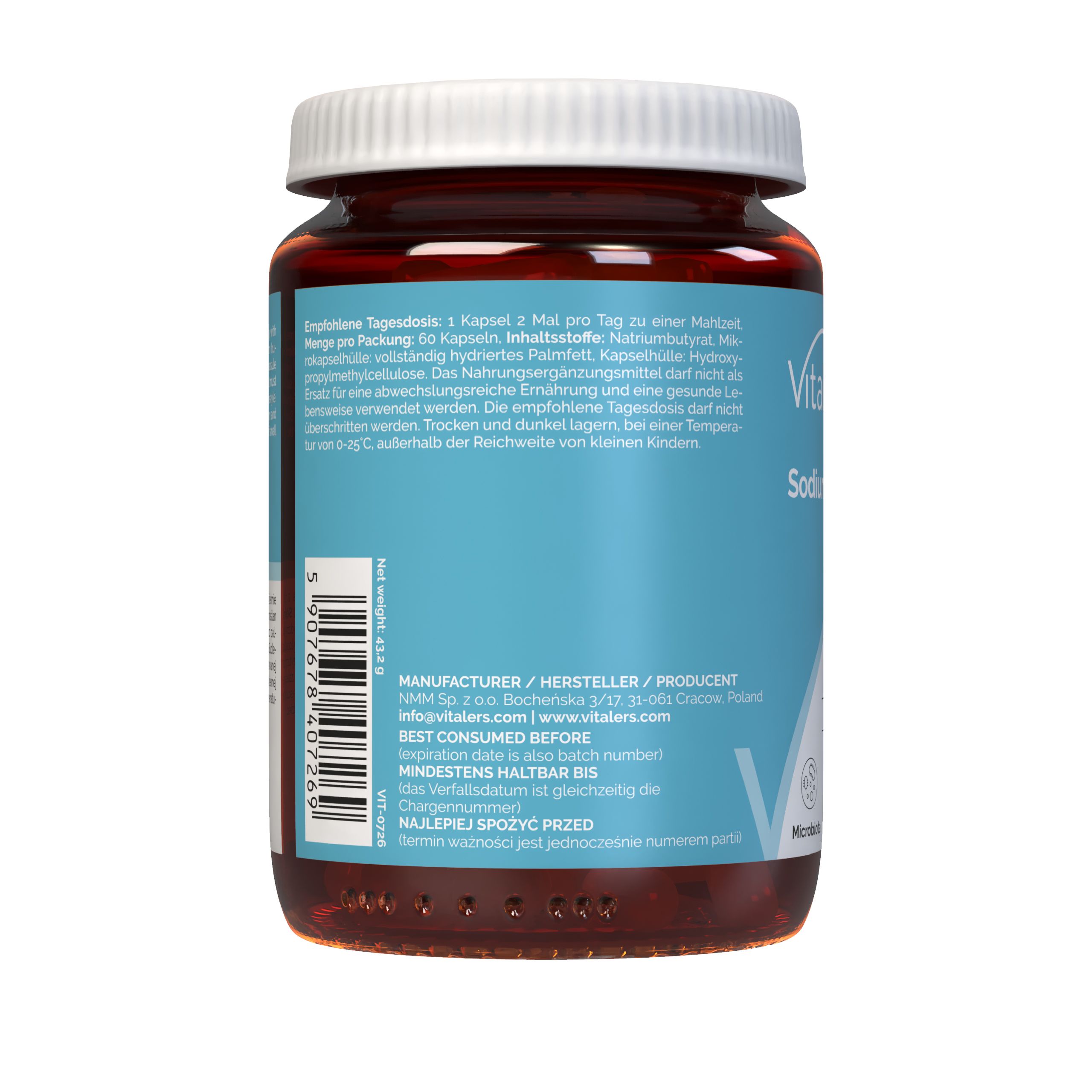 Rückseite des Vitaler’s Natriumbutyrat 600 mg Behälters mit Barcode.