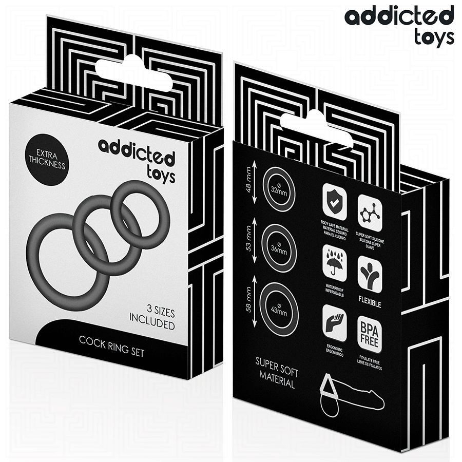 Verpackung für Cock Ring Set. Enthält Größenangaben und Produktmerkmale. Marke: Addicted Toys.
