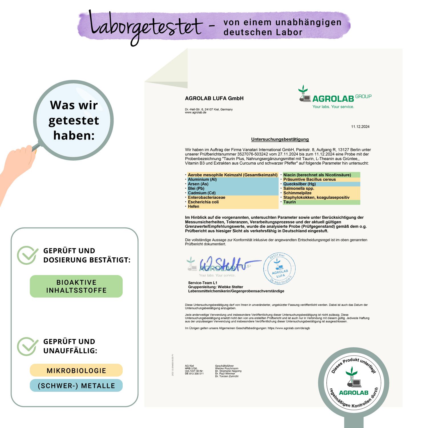 Zertifikat von Agrolab. Bestätigt Bioaktive Inhaltsstoffe und Unbedenklichkeit. Geprüft auf Mikrobiologie und Schwermetalle.