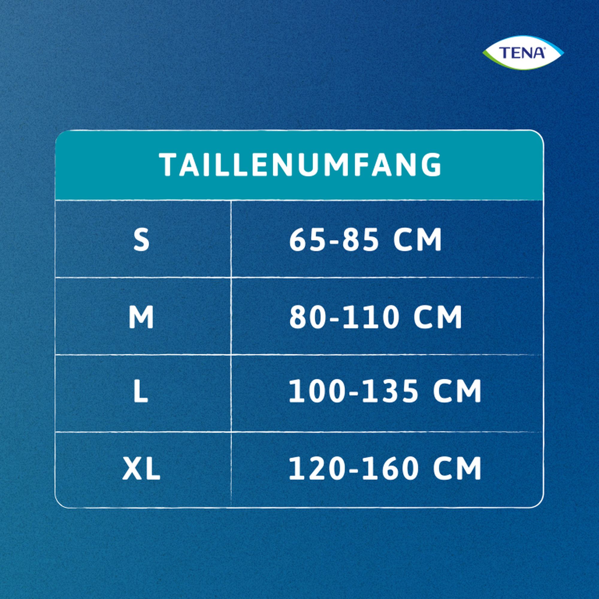 Größentabelle für TENA Protection Pants: S (65-85cm), M (80-110cm), L (100-135cm), XL (120-160cm) Taillenumfang.
