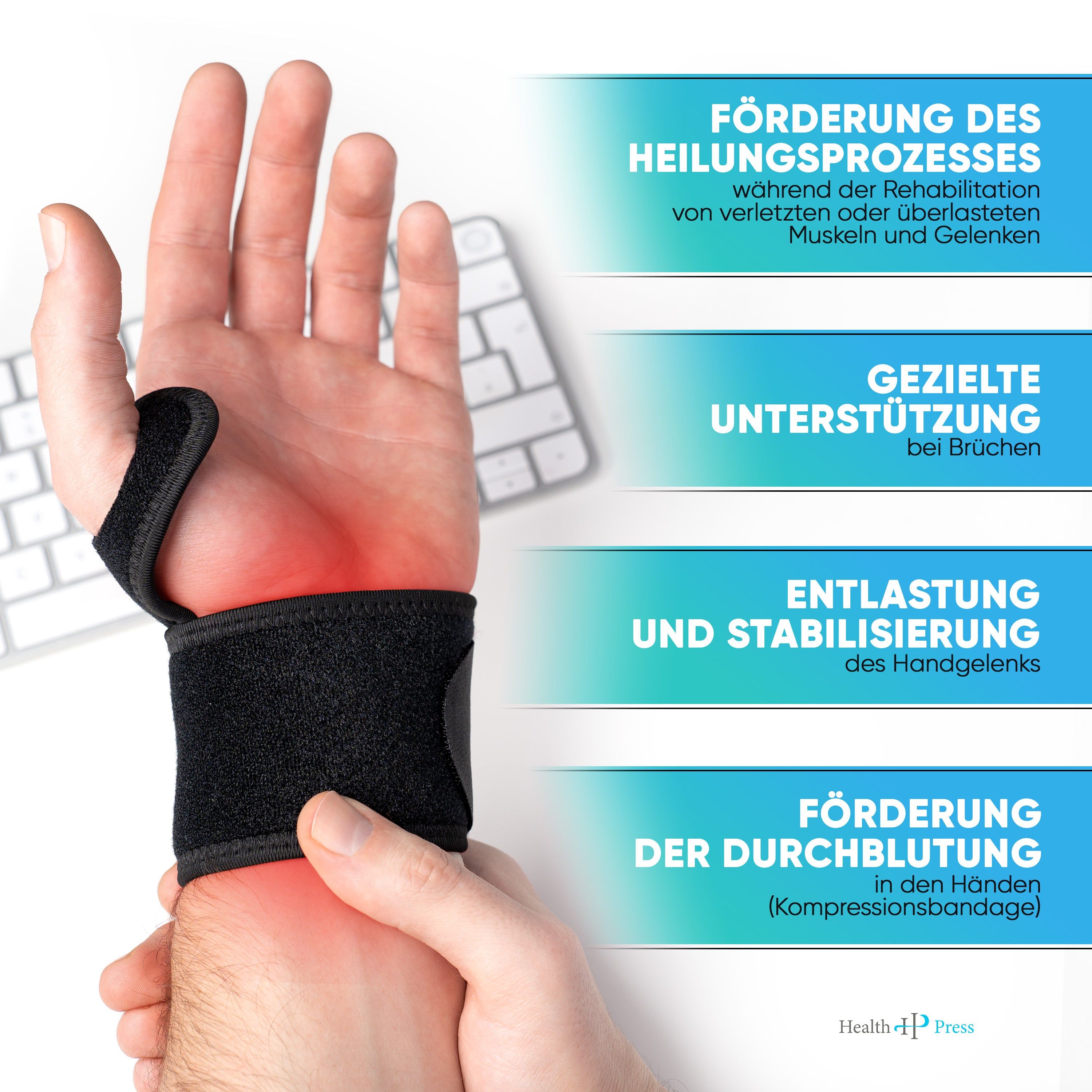 Handgelenkbandage am Handgelenk. Text: Förderung des Heilungsprozesses, gezielte Unterstützung, Entlastung und Stabilisierung, Förderung der Durchblutung.