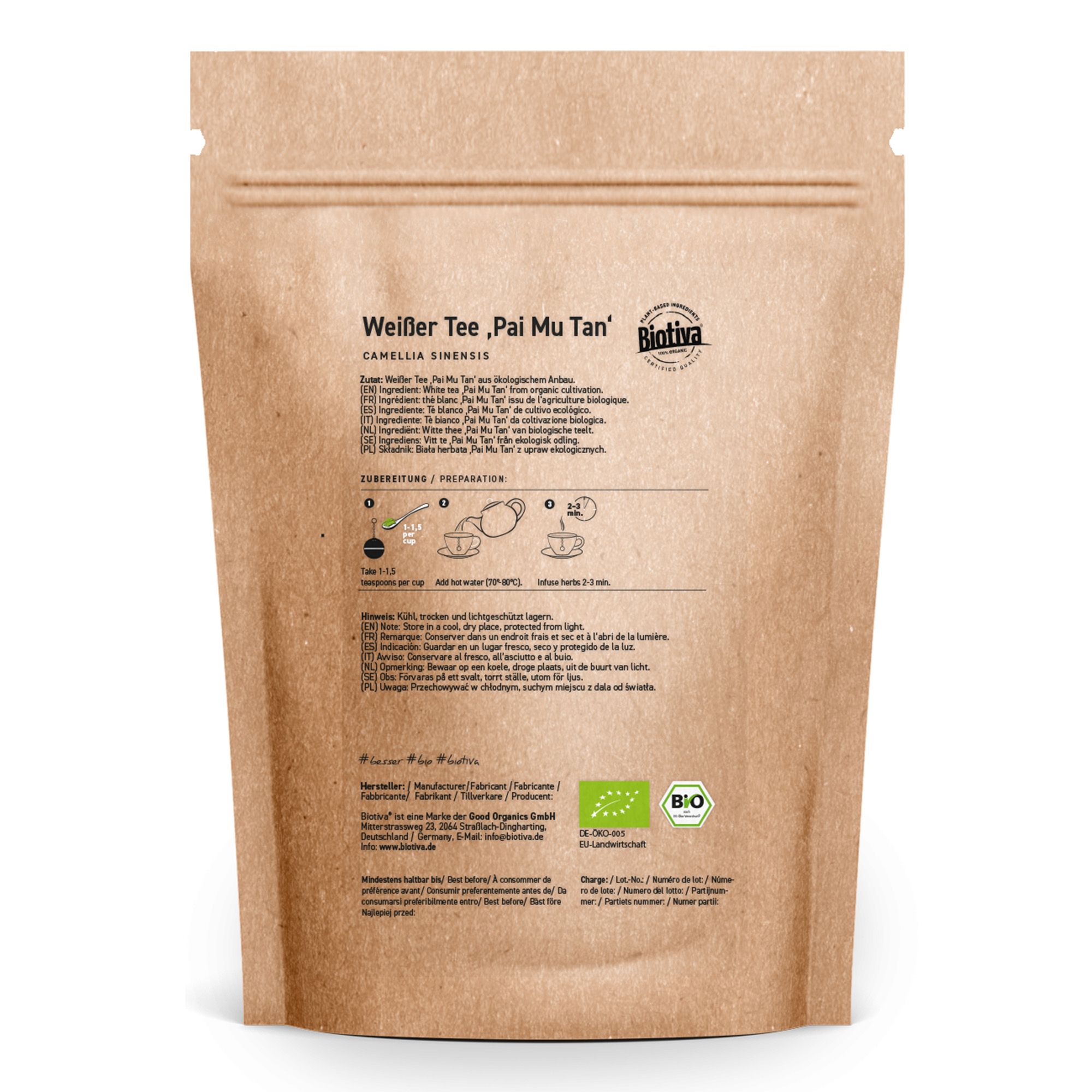 Rückseite einer Biotiva Weißer Tee Pai Mu Tan Bio Papiertüte mit Zubereitungshinweisen und Bio-Siegeln.
