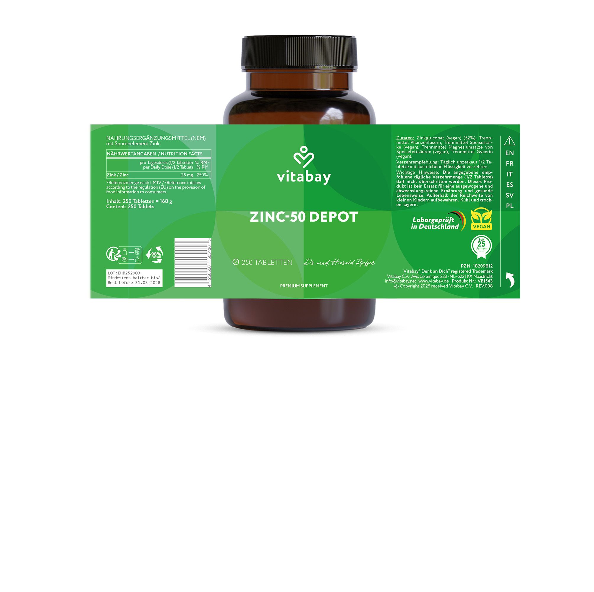 Braune Flasche mit grünem Etikett. Aufschrift: Vitabay ZINC-50 DEPOT, 250 Tabletten. Etikettendetails.