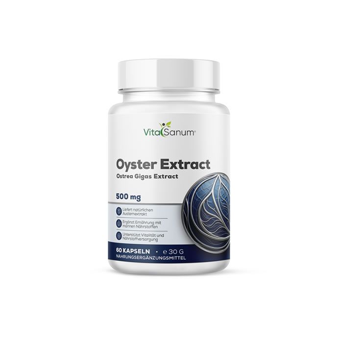 Weiße Flasche VitaSanum® Oyster Extract. Aufschrift: 500 mg, 60 Kapseln, Austernextrakt. Blaue Illustration.