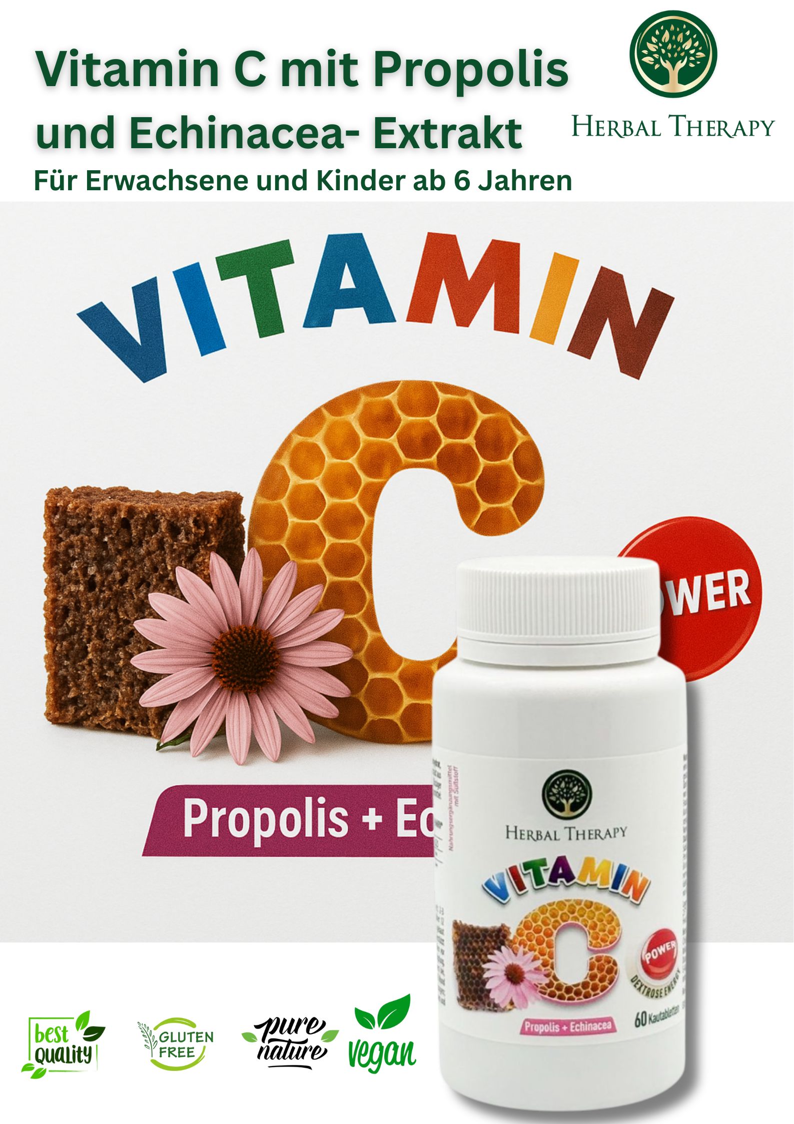 Werbebild mit Flasche Herbal Therapy Vitamin C, Propolis + Echinacea. Text: Vitamin C mit Propolis und Echinacea-Extrakt.