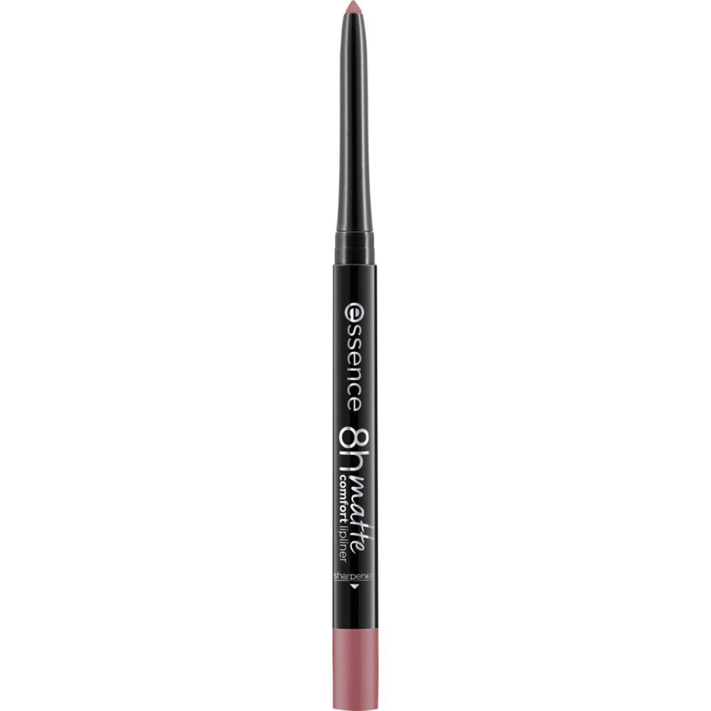 Lippenstiftstift mit schwarzem Gehäuse und rosa Spitze. Aufschrift: essence, 8h matte comfort. Ausgefahrene Spitze.