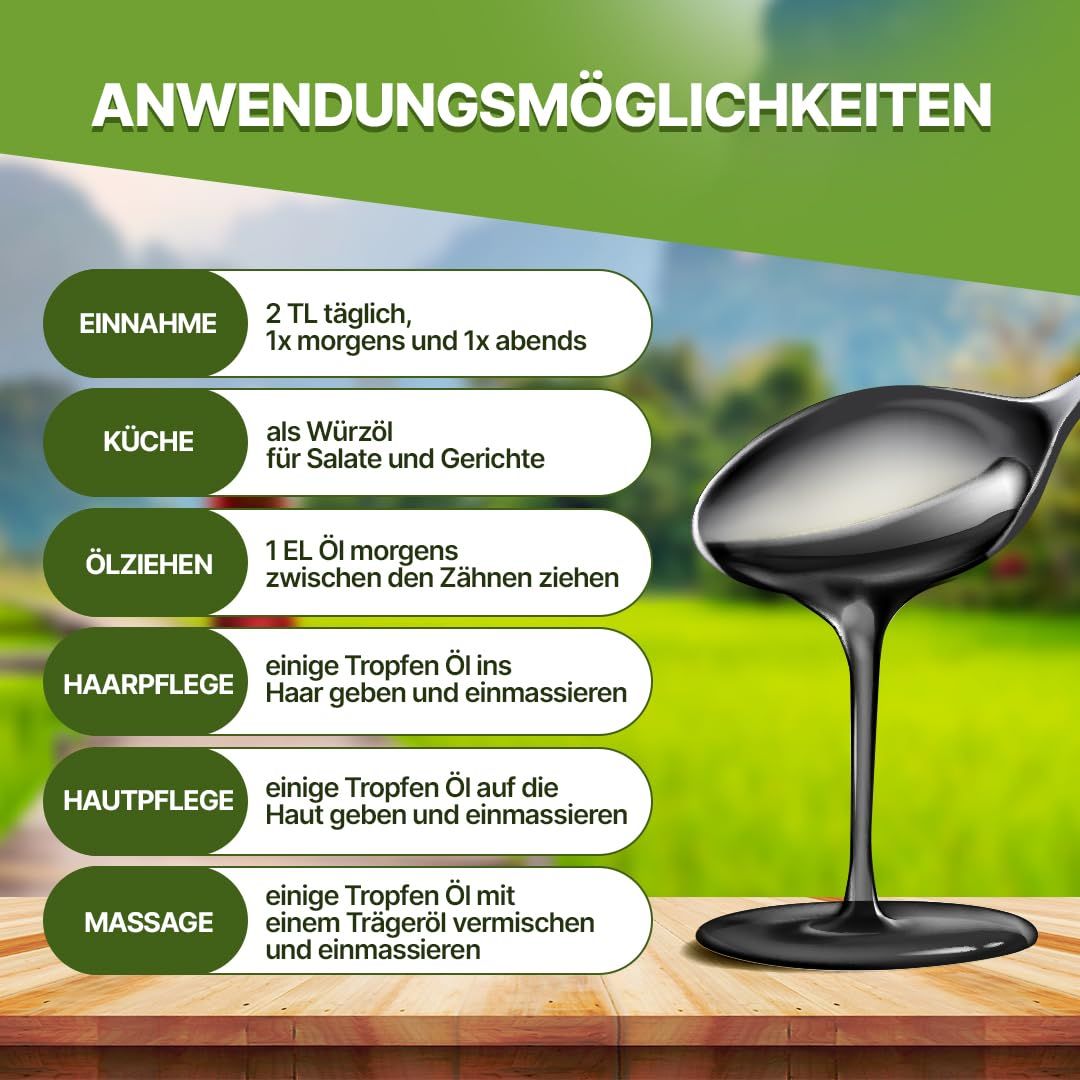 Löffel mit Öl. Text zeigt Anwendungsmöglichkeiten: Einnahme, Küche, Ölziehen, Haarpflege, Hautpflege, Massage.
