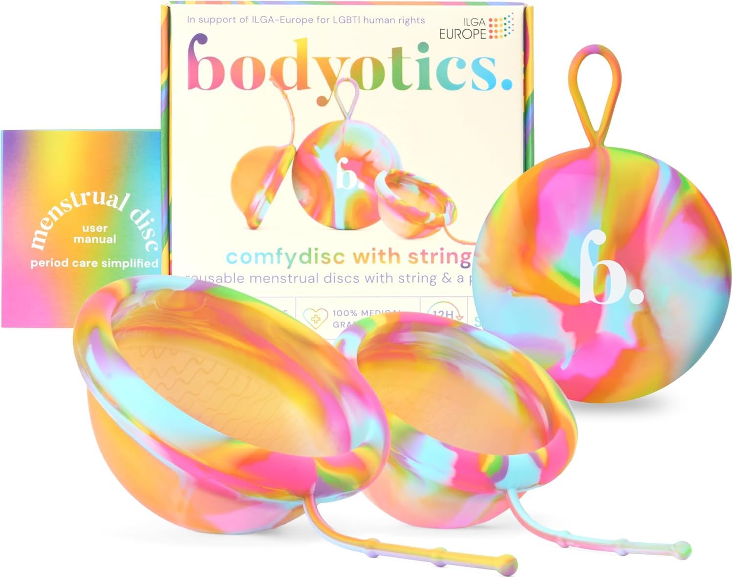 Mehrfarbige Menstruationsscheiben mit Rückholschnur. Verpackung mit Logo und Text. Broschüre mit Text. Regenbogenfarben.