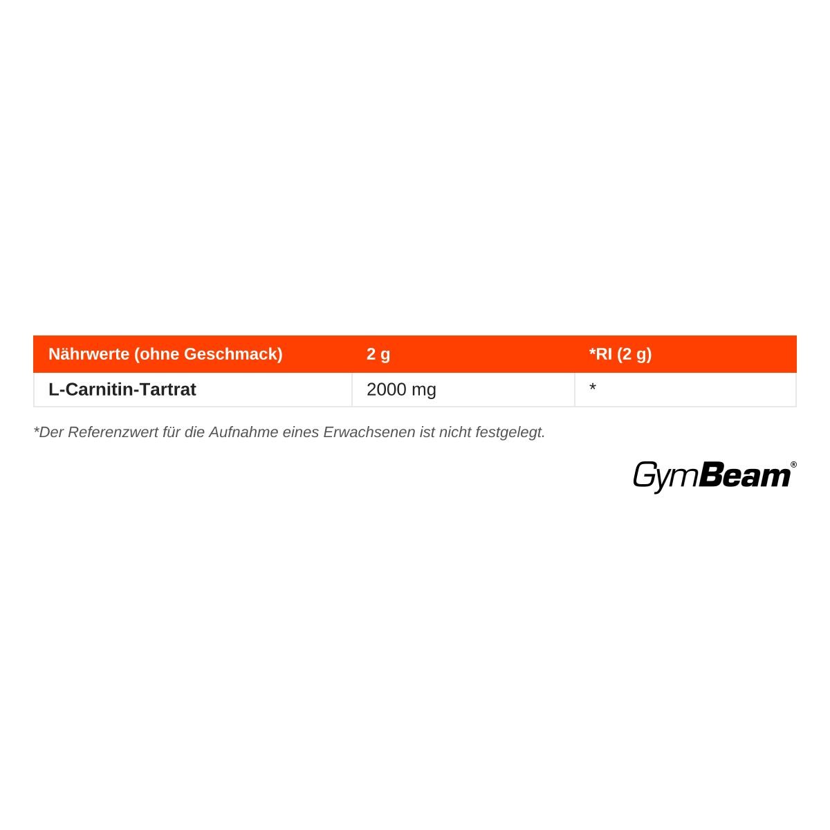 Nährwertangaben für GymBeam L-Carnitin-Tartrat Pulver: 2000 mg pro 2g Portion.
