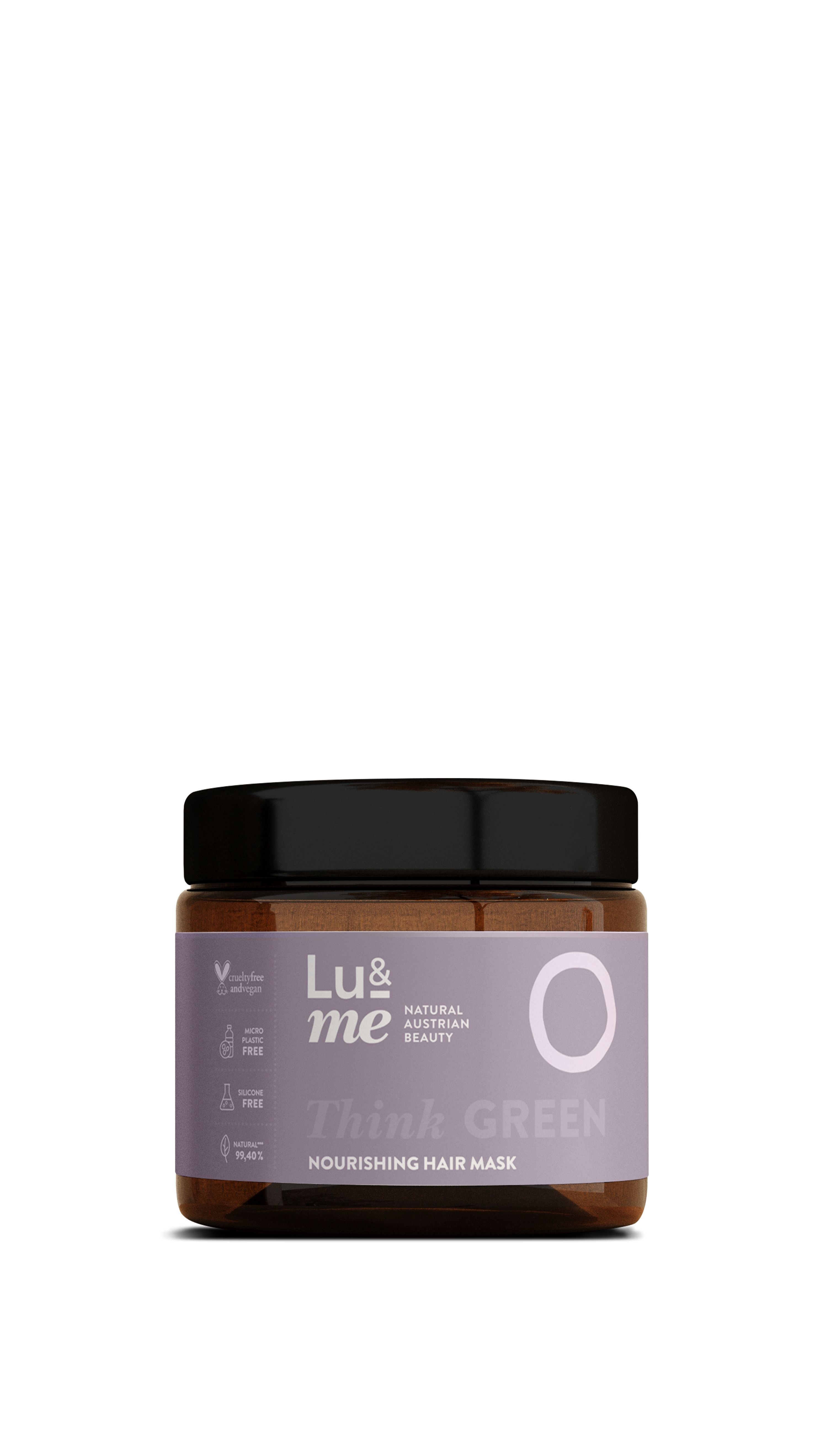 Braune Glasdose mit schwarzem Deckel. Aufschrift: Lu&me, Think Green, Nourishing Hair Mask. Vegan-Logo.