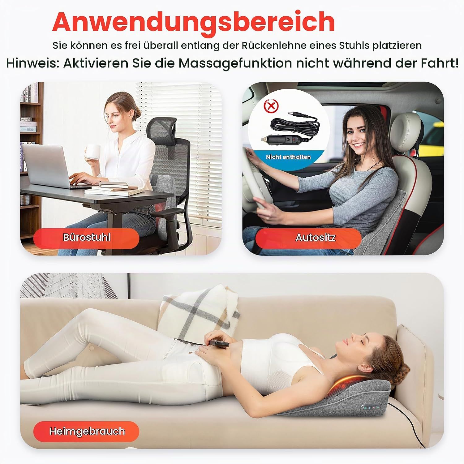 Graues Massagekissen mit Shiatsu-Massagefunktion, 8 Knoten, bidirektional und automatische Abschaltung.
