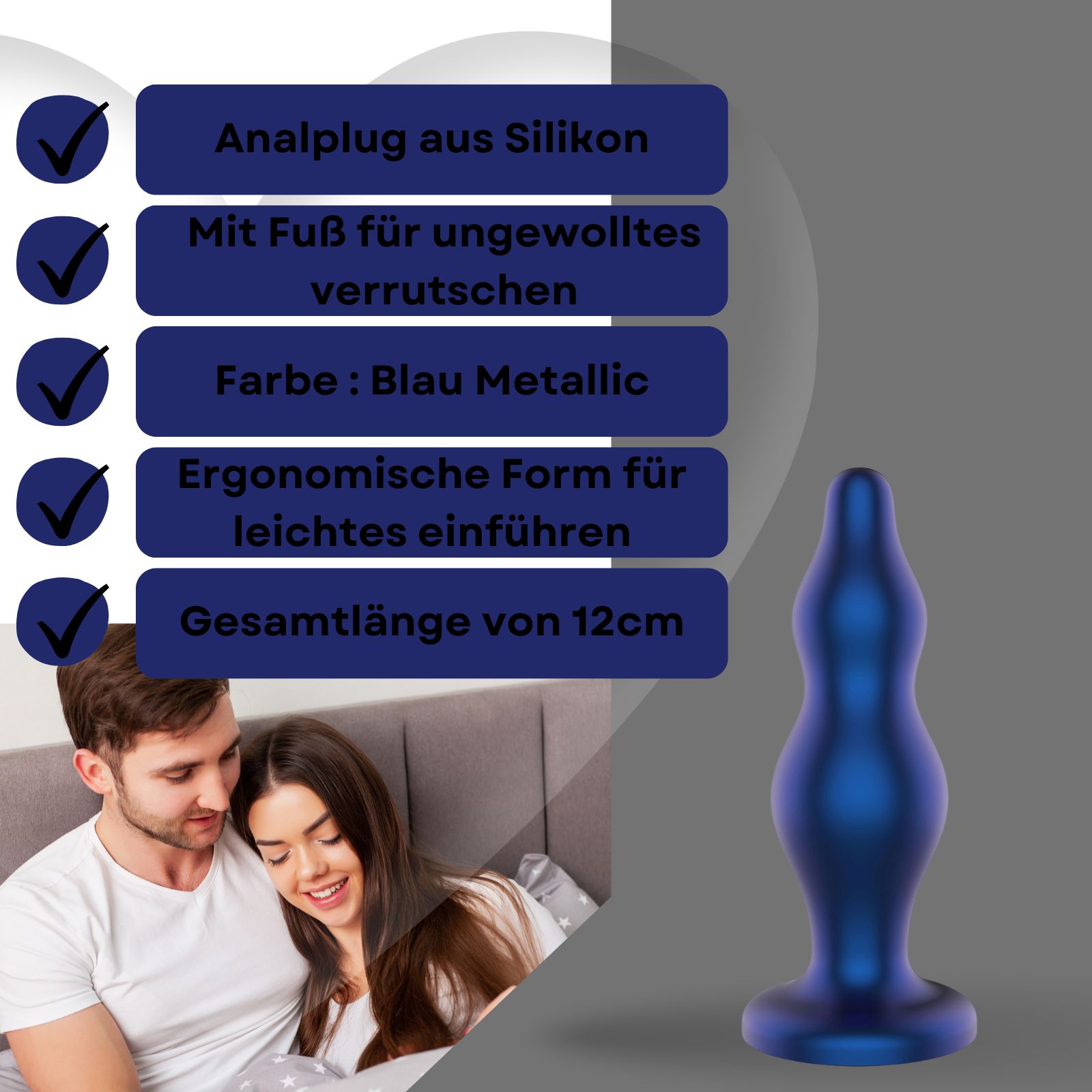 Blauer Analplug aus Silikon. Ergonomische Form, 12 cm lang. Mit Fuß. Metallic-Blau.