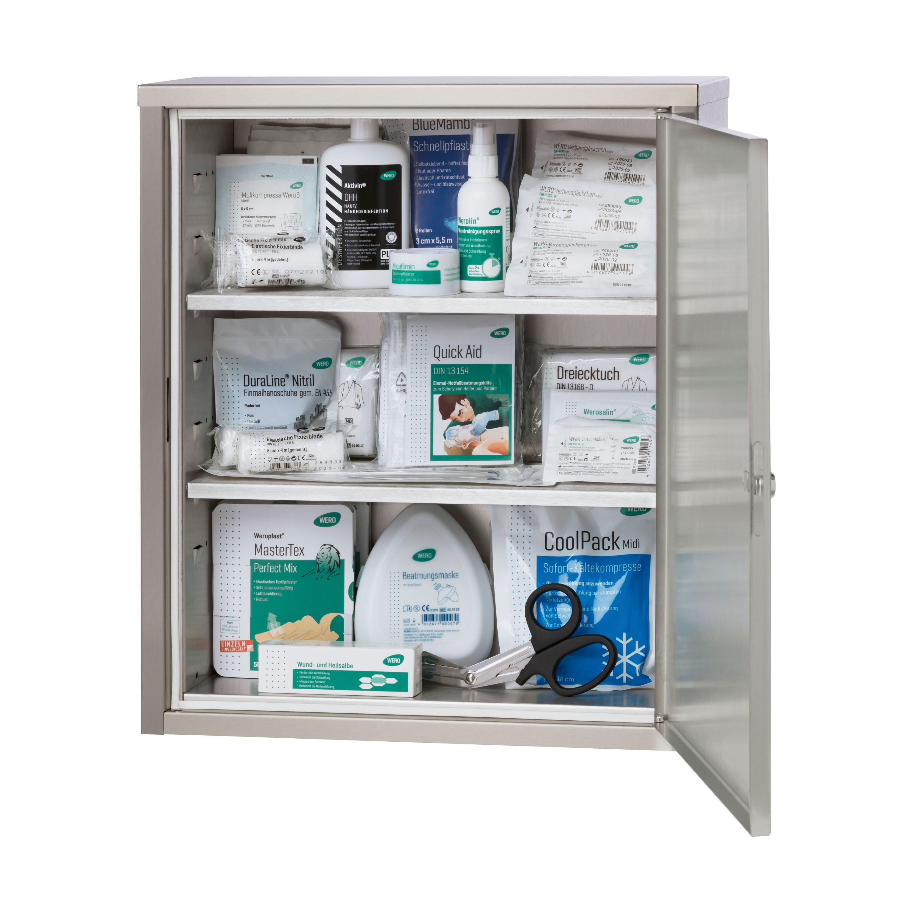 Offener Verbandschrank aus Edelstahl mit Inhalt. Enthält Verbandsmaterial, Flaschen, Schere und weitere Artikel.