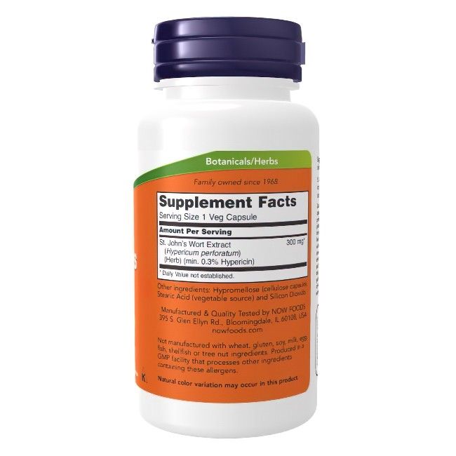 Weiße Flasche mit blauem Deckel. Etikett mit Text: Supplement Facts, St. John's Wort Extract, 300 mg, 1 Veg Kapsel. NOW Foods.