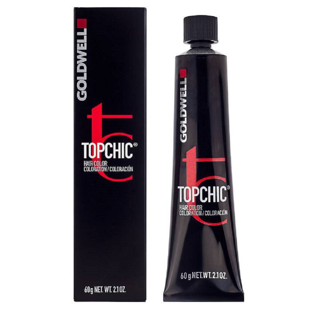 Schwarze Tube und Schachtel. Aufschrift: Goldwell Topchic Hair Color. 60g. 2.1oz.