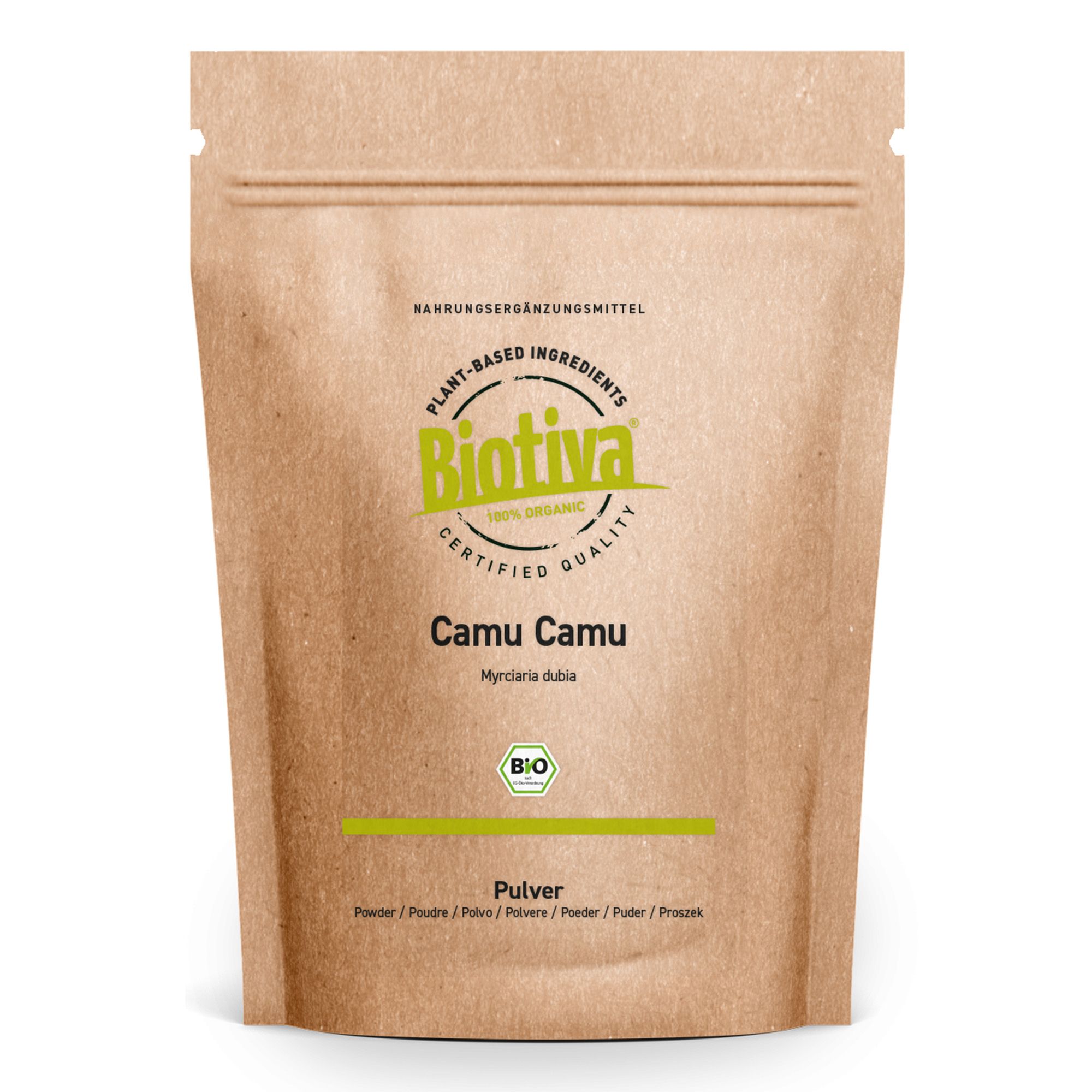 Beutel mit Biotiva Camu Camu Pulver Bio. Braune Papierverpackung mit Reißverschluss. Logo und Produktbezeichnung in Grün.