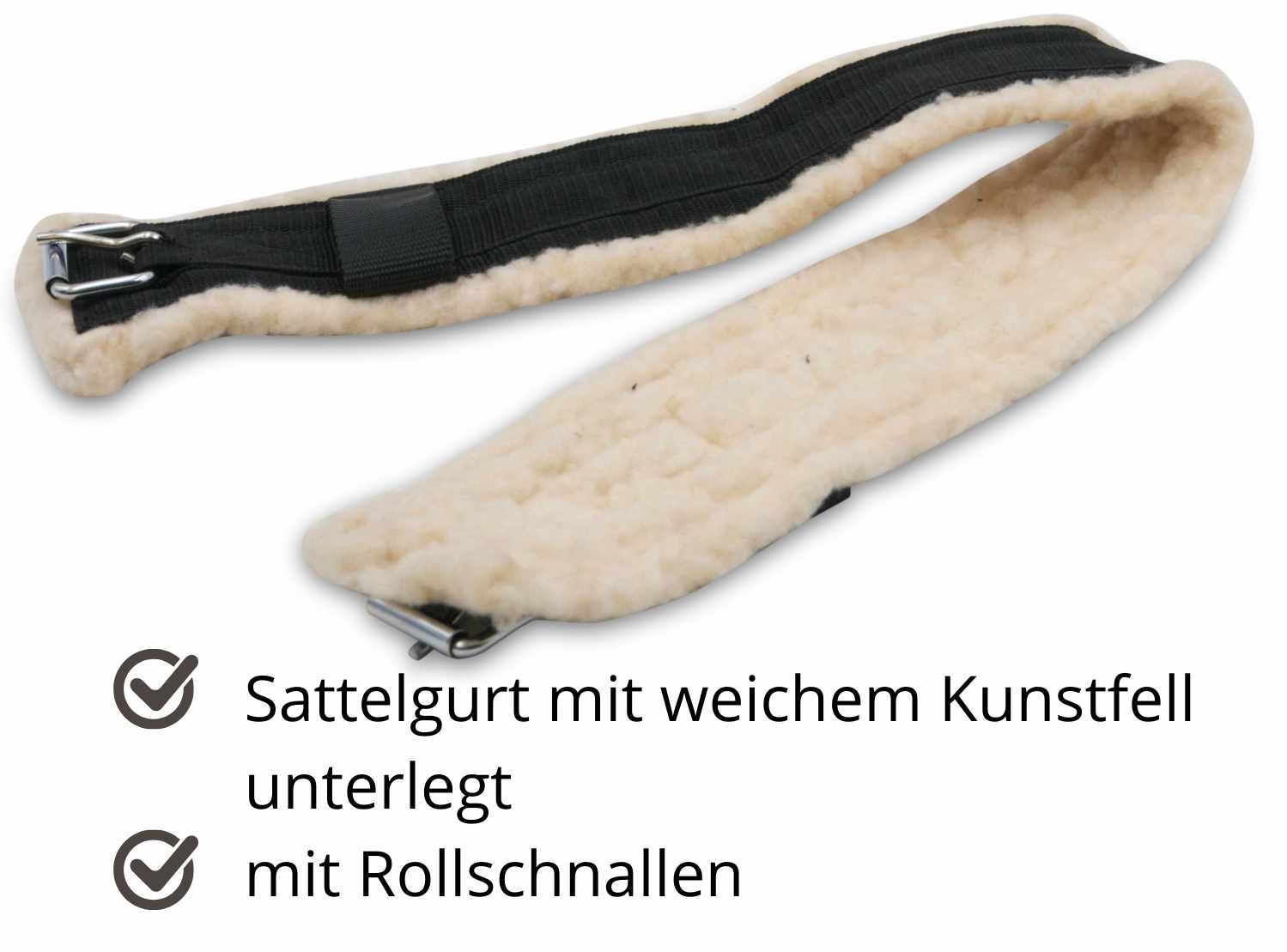 Sattelgurt mit weichem Kunstfell unterlegt und mit Rollschnallen. Schwarzes Band mit weißem Fell.