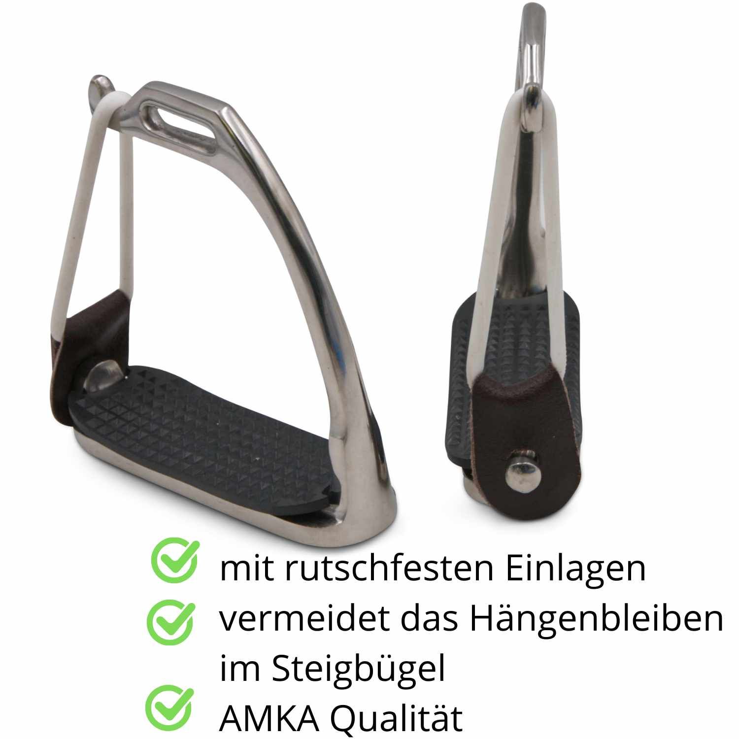 Zwei Sicherheitssteigbügel aus Edelstahl. Rutschfeste Einlagen, braunes Leder, schwarze Trittfläche. AMKA Qualität.
