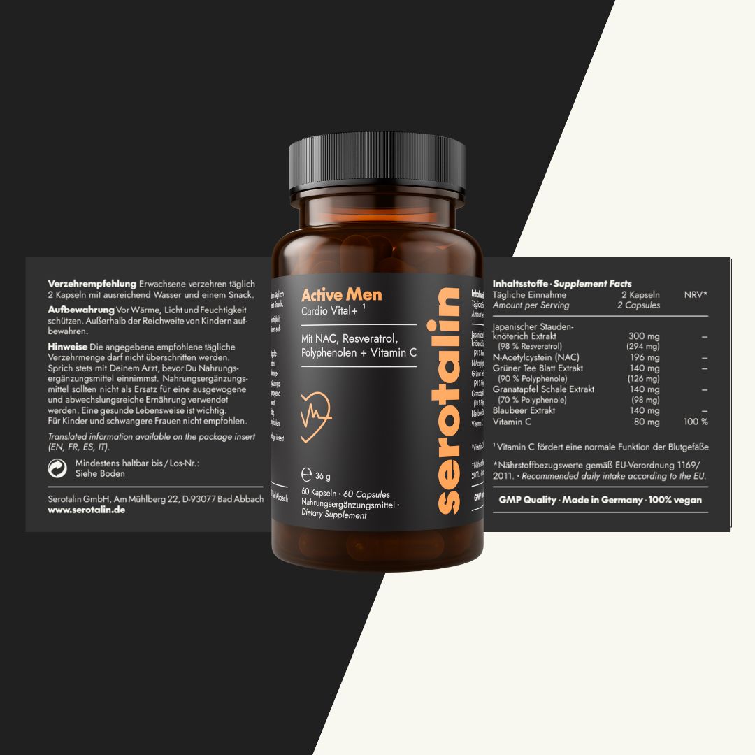 Braune Flasche mit Kapseln, Etiketten. Text: Active Men Cardio Vital+. Mit NAC, Resveratrol, Polyphenolen + Vitamin C. 30 Kapseln.
