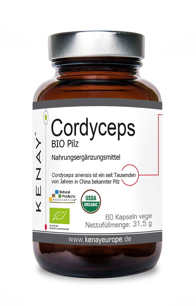 Braune Glasflasche mit Kapseln. Etikett mit Produktname Cordyceps BIO Pilz, Marke KENAY, USDA Organic Siegel und 60 Kapseln.
