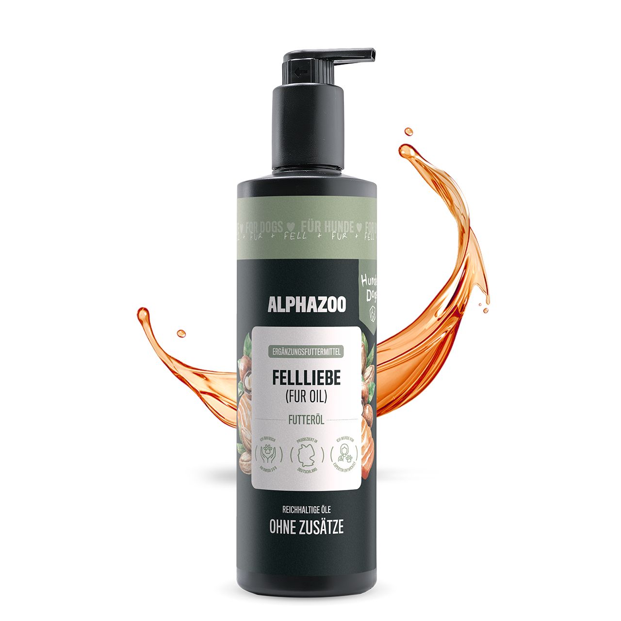 Schwarze Flasche mit Pumpe. Aufschrift: ALPHAZOO FELLLIEBE (FUR OIL). Öl-Spritzer im Hintergrund.
