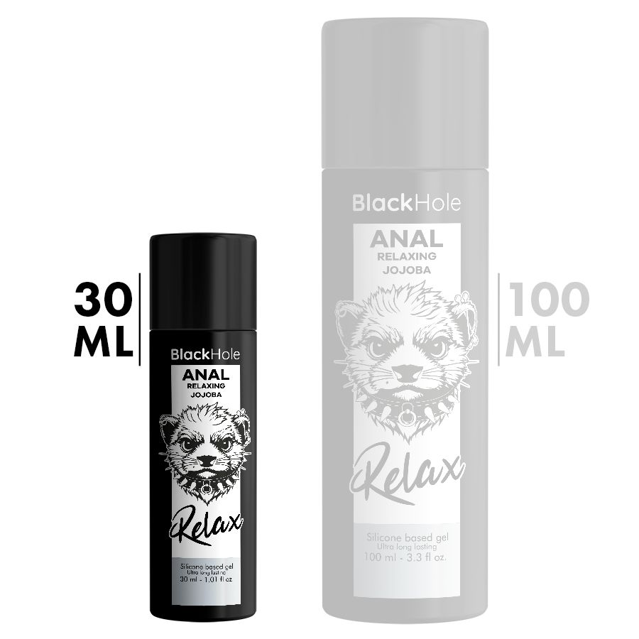 Zwei Flaschen. Eine 30 ml, die andere 100 ml. Aufschrift: Black Hole, ANAL, Relaxing Jojoba. Abbildung eines Tiergesichts.