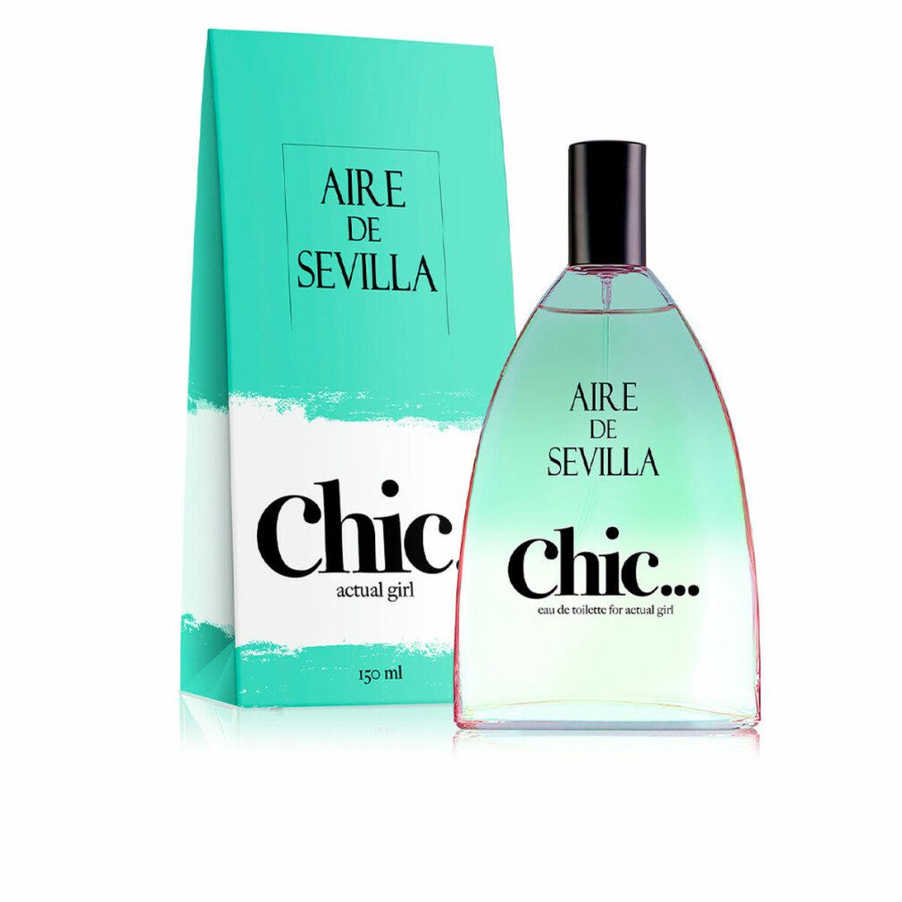 Flakon und Schachtel von Aire de Sevilla Chic. Türkis-weiße Schachtel, Flakon mit schwarzem Verschluss. Aufschrift: Chic, actual girl.