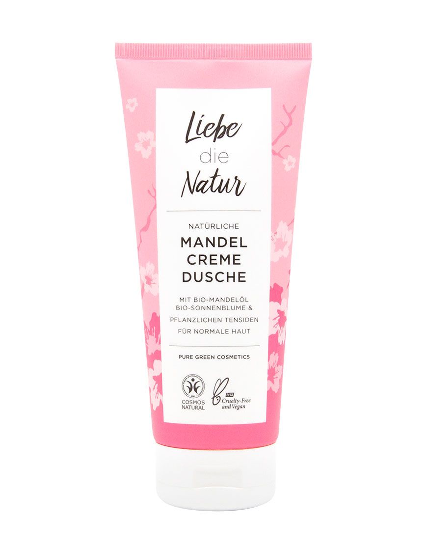 Rosa Tube mit weißem Verschluss. Aufschrift: Liebe die Natur, Mandel Creme Dusche. Vegan-Siegel.