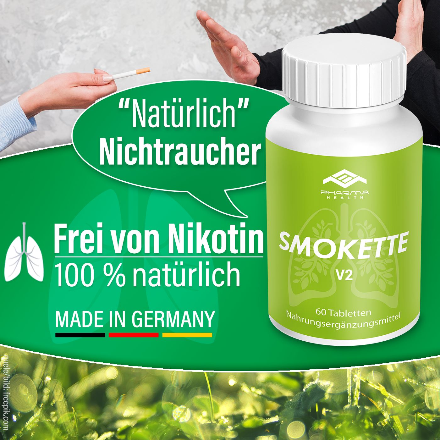 Flasche mit grünem Etikett. Aufschrift: Smokette V2, 60 Tabletten, Nahrungsergänzungsmittel. Logo Pharma Health. Zusatztexte.