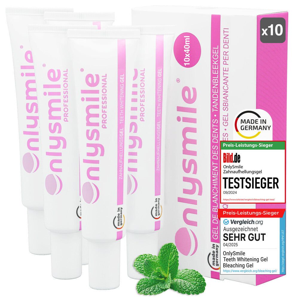 Zahnaufhellungsgel-Tuben und -Verpackung. NurSmile Professional, 10x40ml. Mit Test-Siegel und Made in Germany.