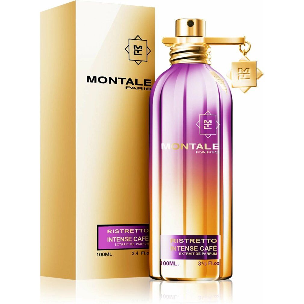 Goldene Schachtel und Flasche. Text: Ristretto Intense Cafe, 100ml, 3.4 Fl.oz. Logo. Gold-violette Flasche mit Anhänger.