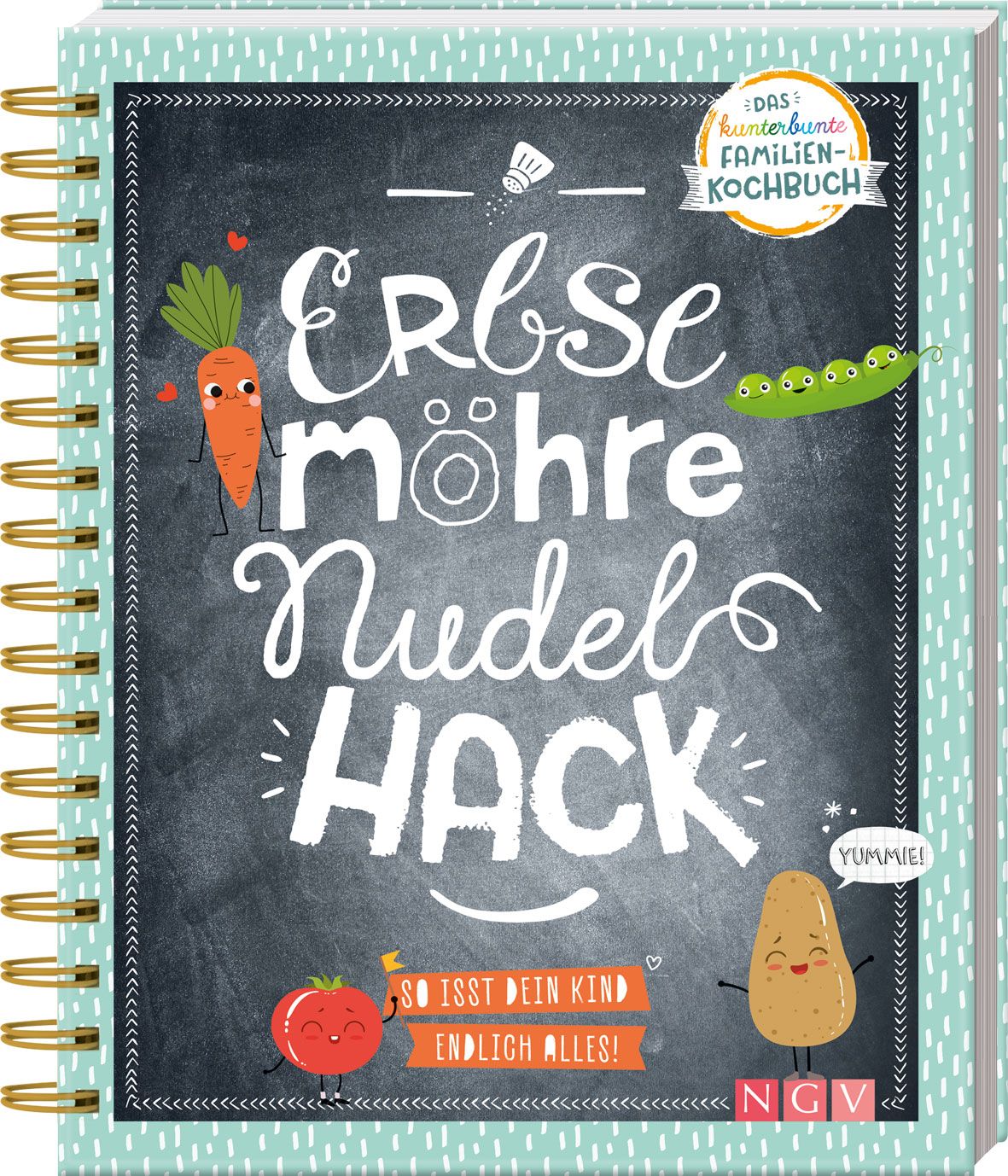 Kochbuch mit Titel "Erbse Möhre Nudel Hack". Illustrationen von Gemüse. Aufschrift "So isst dein Kind endlich alles!" und "Das kunterbunte Familien-Kochbuch".