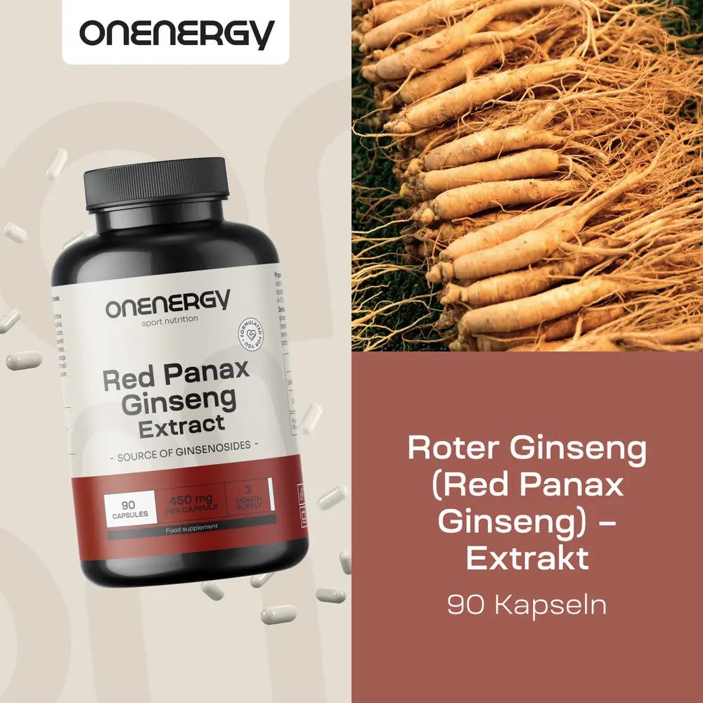 Flasche OnEnergy Red Panax Ginseng Extrakt und ein Haufen Ginsengwurzeln.