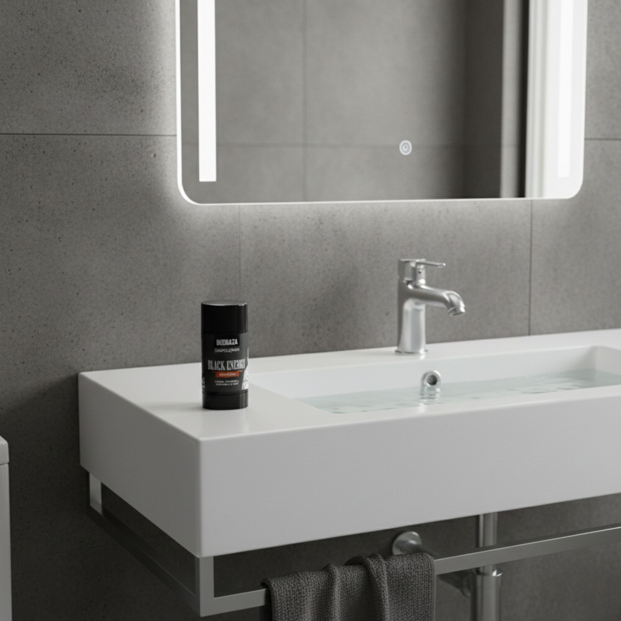 Schwarzer Deo-Stick auf einer weißen Waschbeckenablage. Aufschrift: Black Energy, Biobaza.