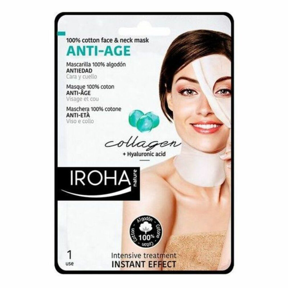 Gesichts- und Halsmaske aus Baumwolle. Verpackung mit Produktabbildung und Model. Marke Iroha Nature, Collagen + Hyaluronsäure.