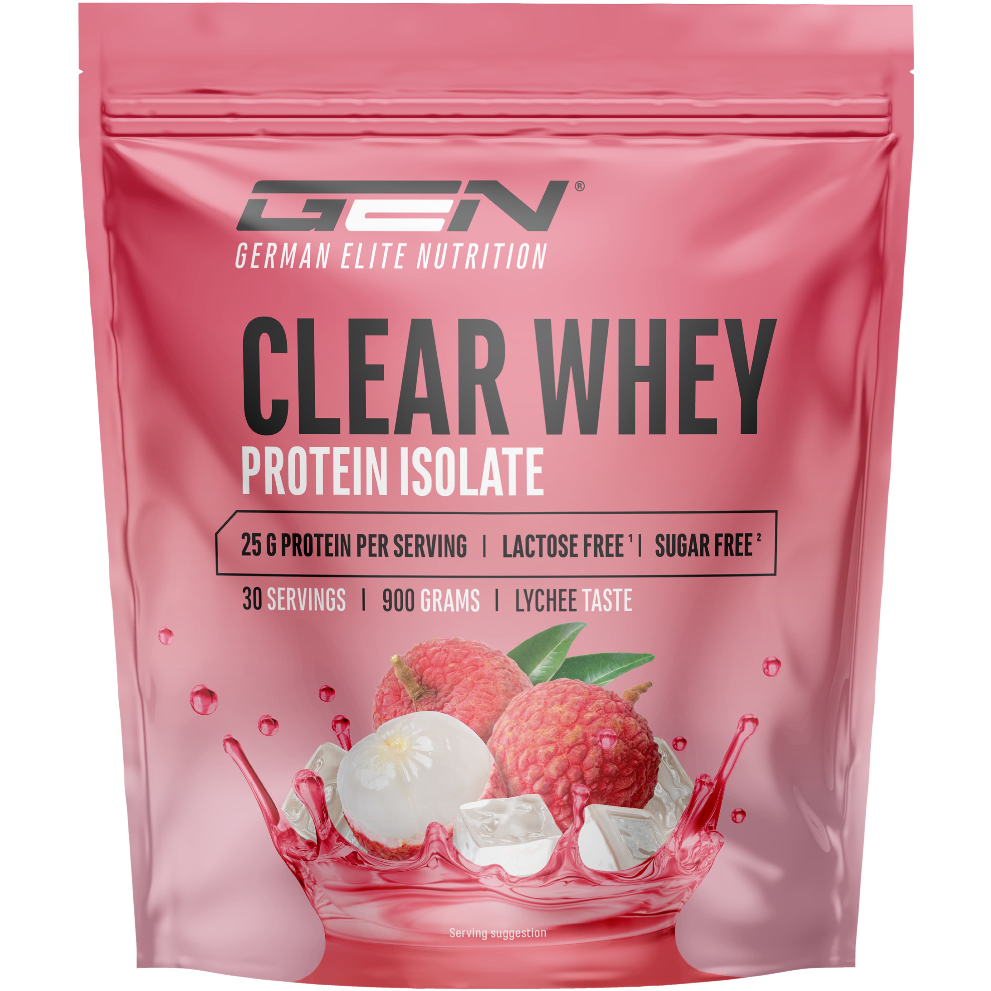 Rosa Beutel mit "GEN Clear Whey Protein Isolat". Enthält 25g Protein pro Portion, laktosefrei, zuckerfrei. Abbildung von Litschis.