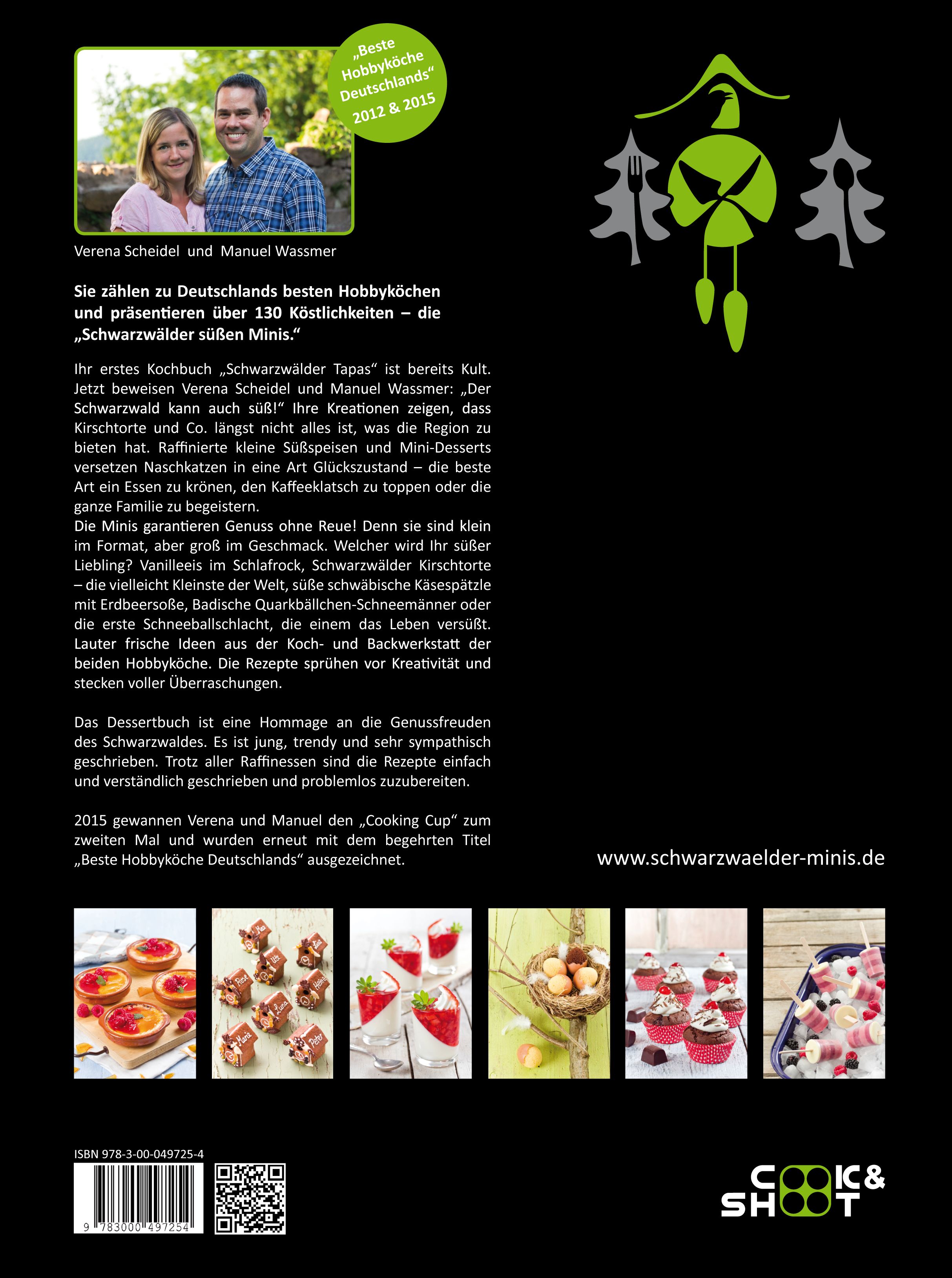 Buchrücken mit Text. Titel: Schwarzwälder süße Minis. Autoren: Verena Scheidel, Manuel Wassmer. Fotos von Desserts.