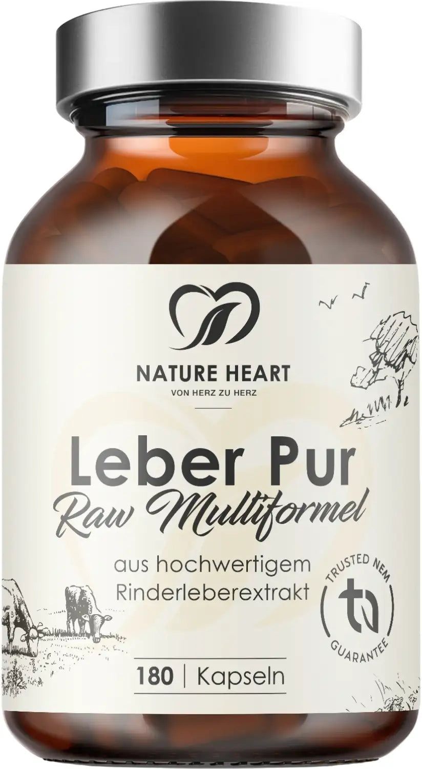Braune Glasflasche mit Kapseln. Aufschrift: Leber Pur Raw Multiformel, 180 Kapseln. Logo: Nature Heart.