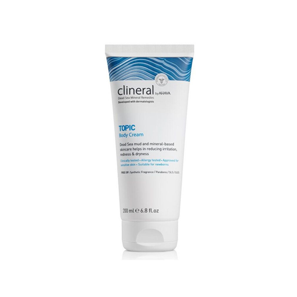 Weiß-blaue Tube Clineral TOPIC Body Cream. Text: Dead Sea Mineral Remedies, TOPIC Body Cream, 200 ml. Mit Zertifizierungen.