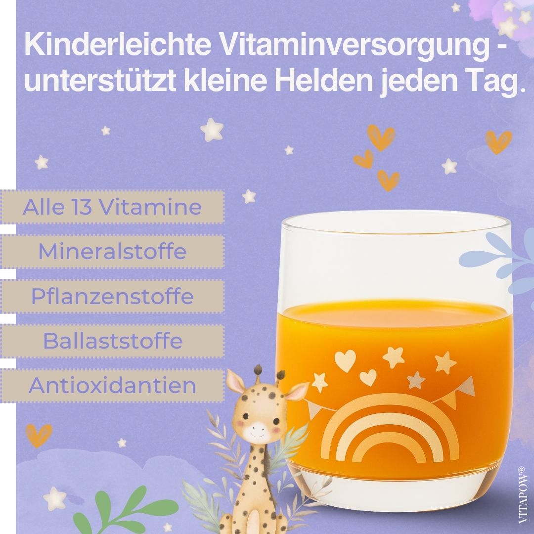 Glas mit orangenem Getränk. Text: Alle 13 Vitamine, Mineralstoffe, Pflanzenstoffe, Ballaststoffe, Antioxidantien. Giraffe.