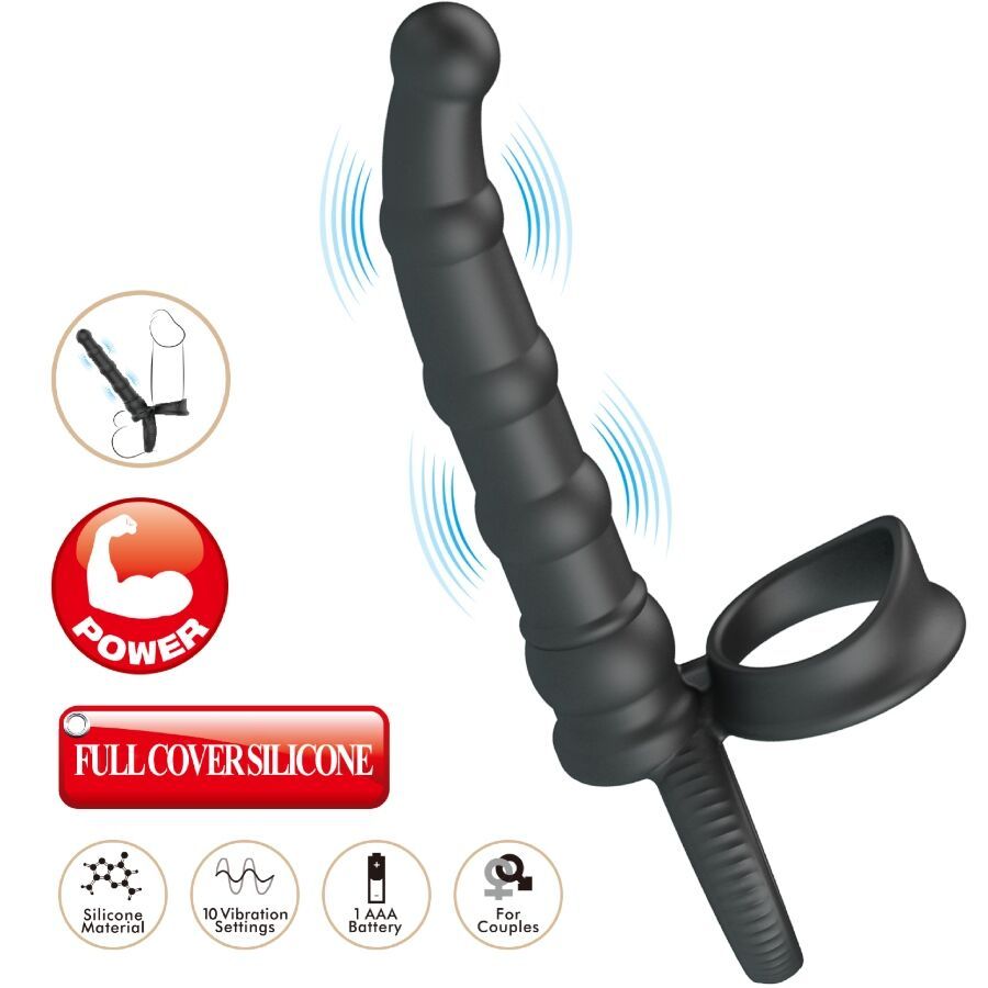 Schwarzer Penisring mit Rillen, Vibrationssymbolen und Text "Full Cover Silicone".