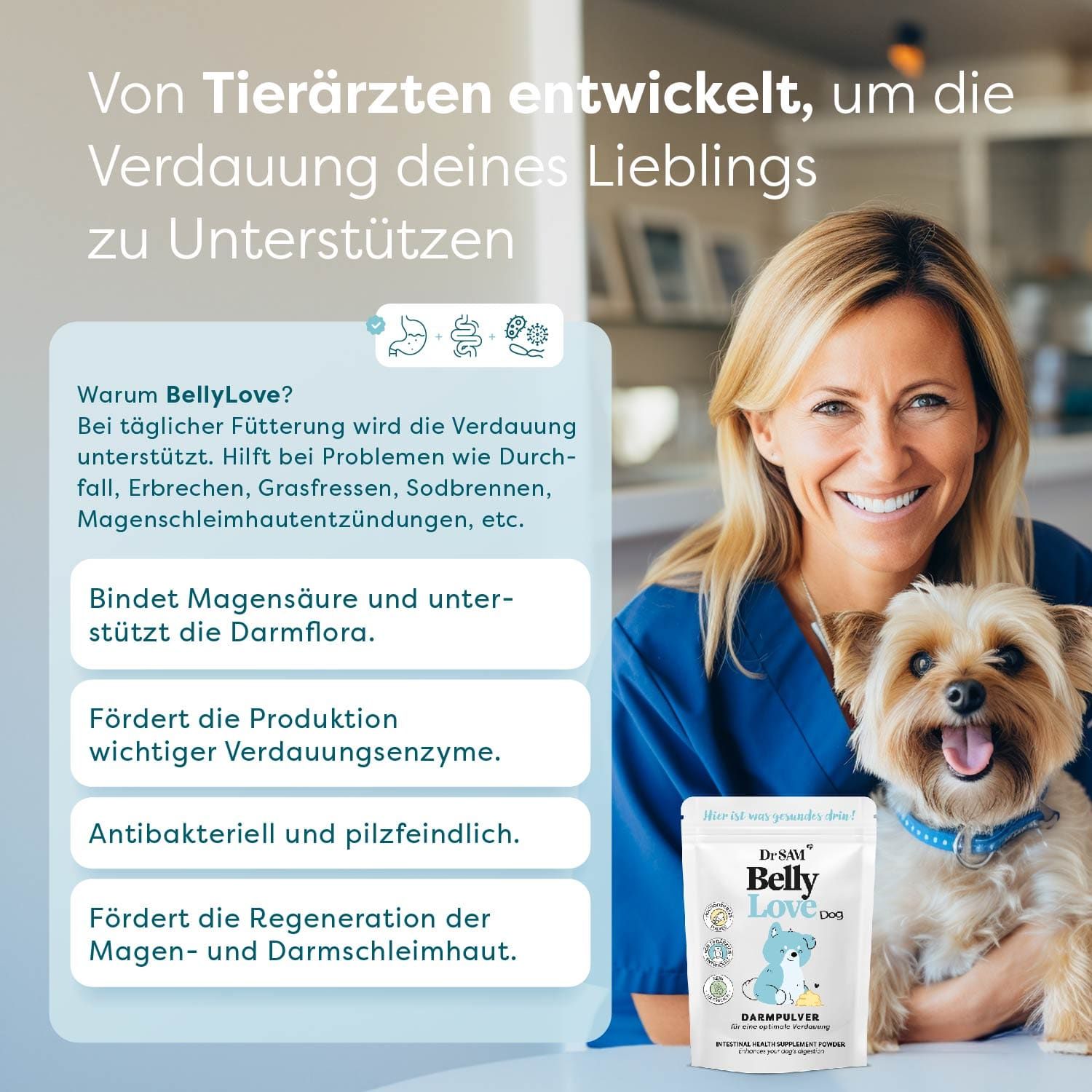 Dr. SAM BellyLove Dog - Hochdosiertes Darmpulver. Bringt Magen und Darm in Balance