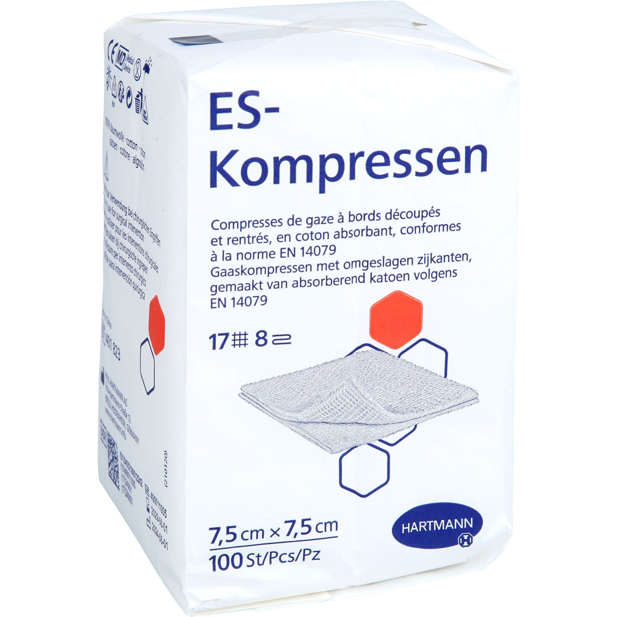 Verpackung mit ES-Kompressen. Text: 7,5 cm x 7,5 cm, 100 Stück. Marke: Hartmann. Produkt ist weiß und quadratisch.