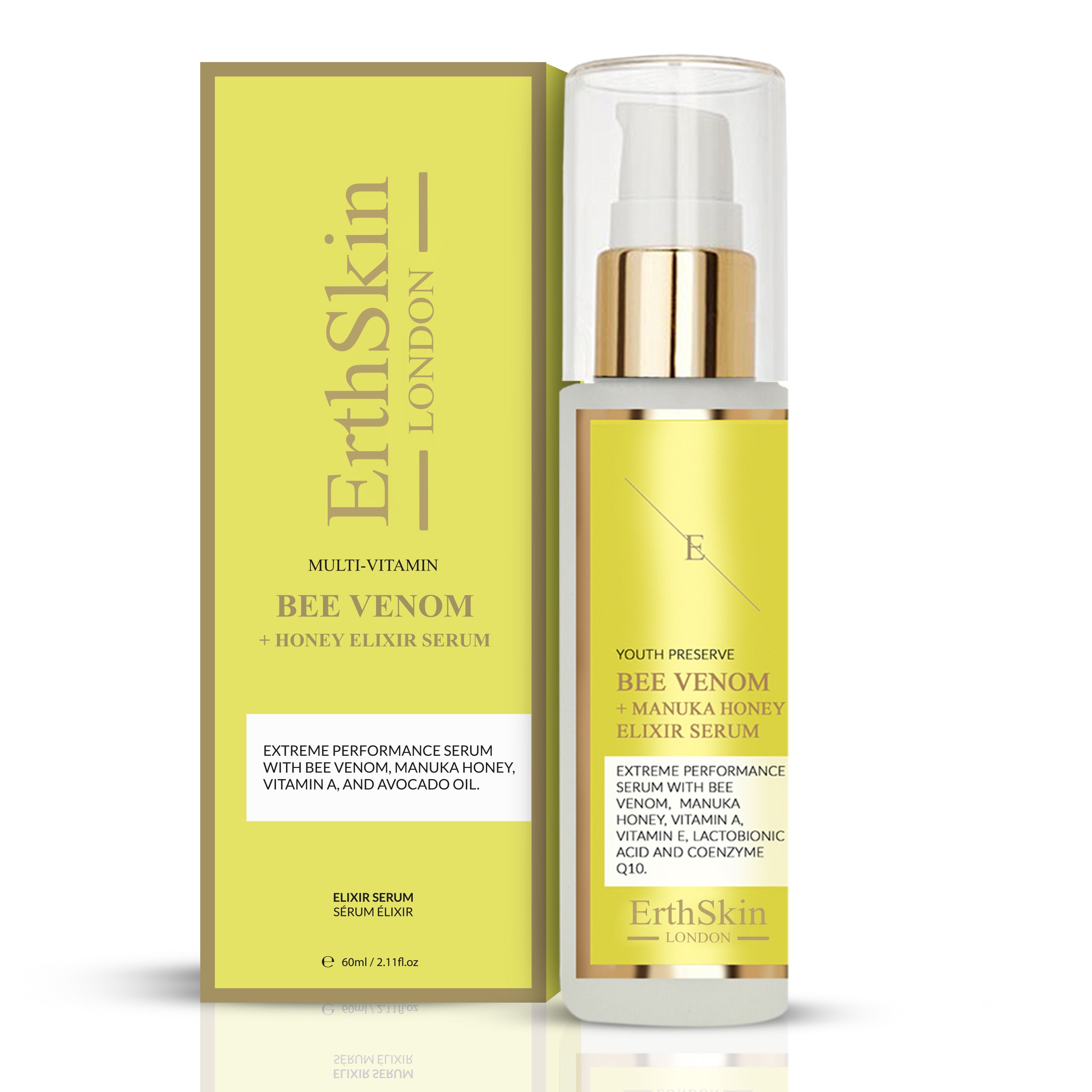 Pumpspender und Verpackungsbox mit gelbem Etikett für Bienenvenom + Honig Elixierserum.