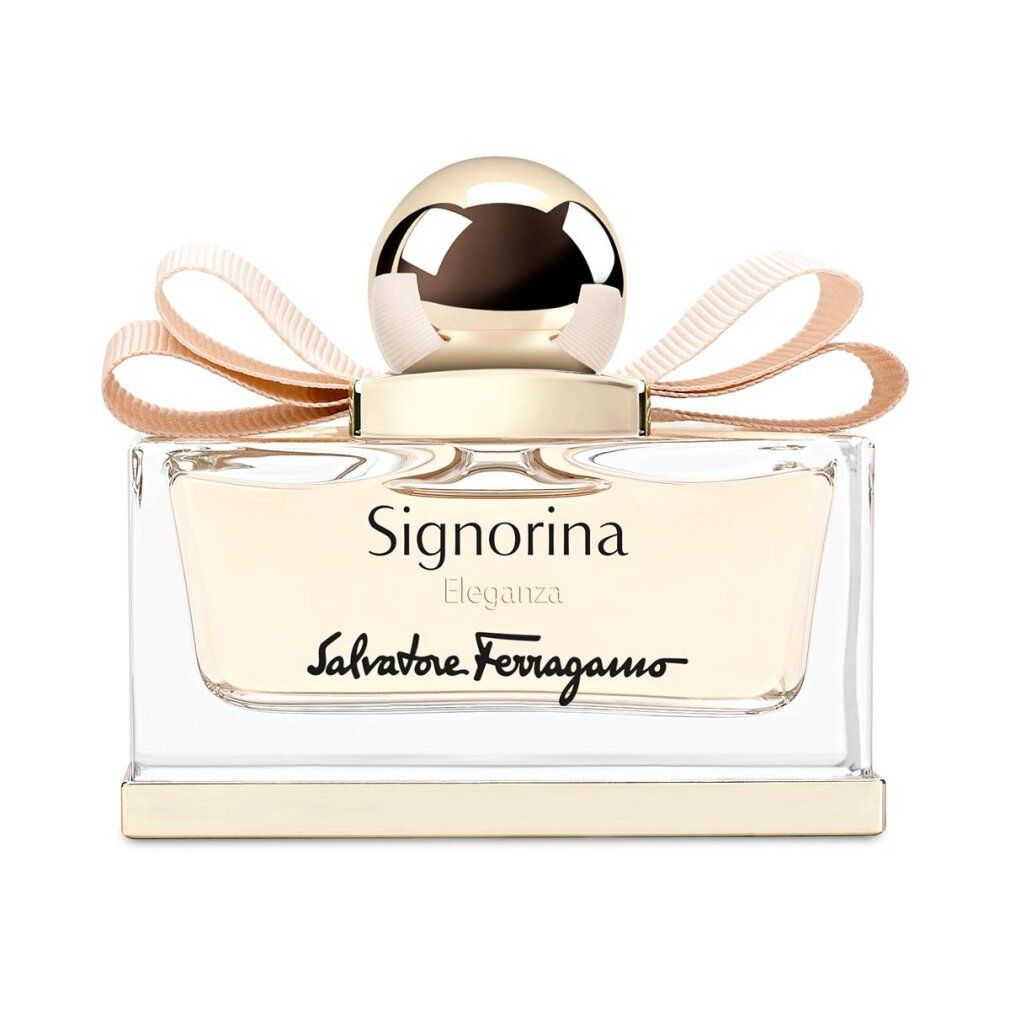 Salvatore Ferragamo Signorina Eleganza Parfümflakon mit goldenem Verschluss und Schleife.
