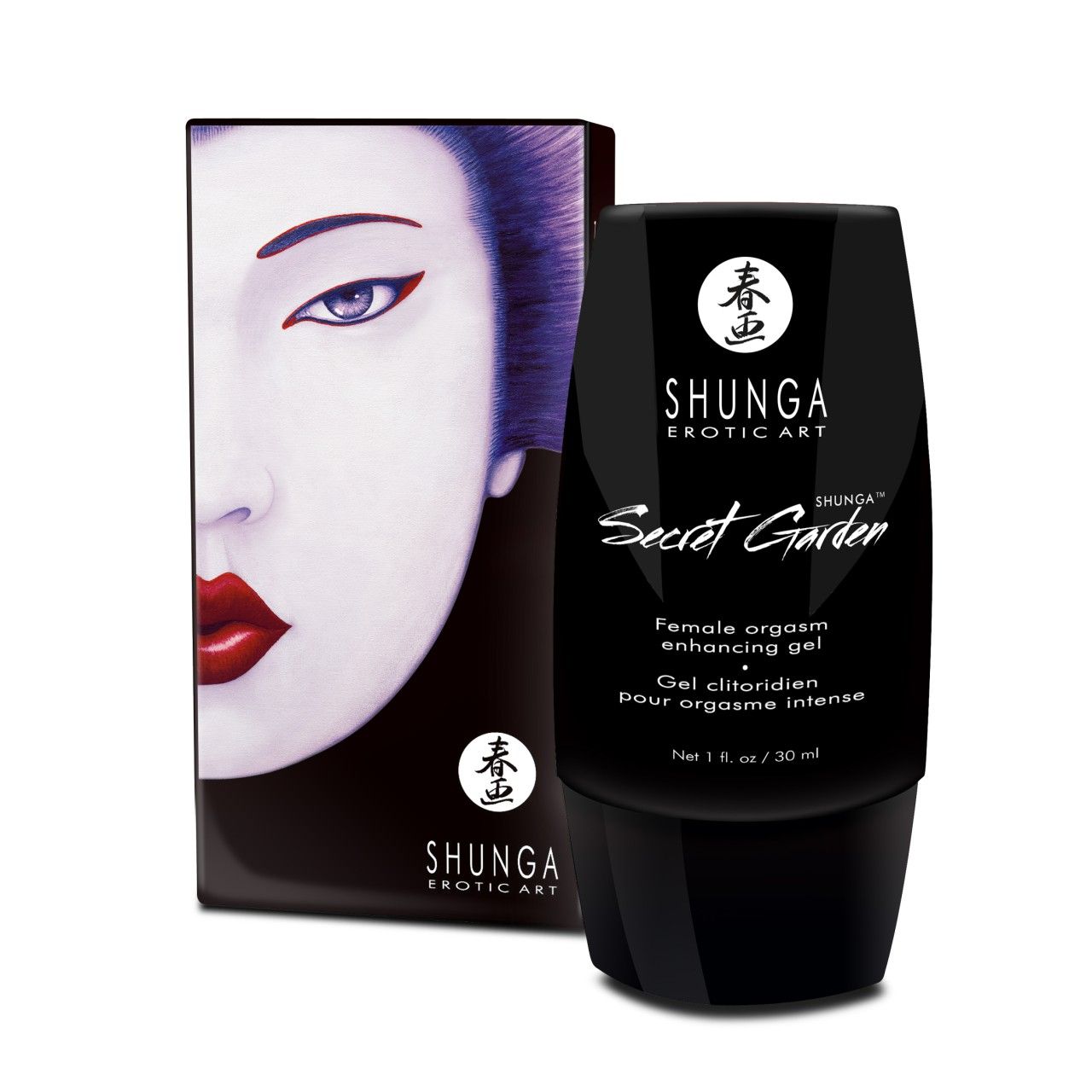 Produkt und Verpackung. Schwarze Tube und Schachtel mit Gesicht. Text: "Secret Garden", "Shunga".