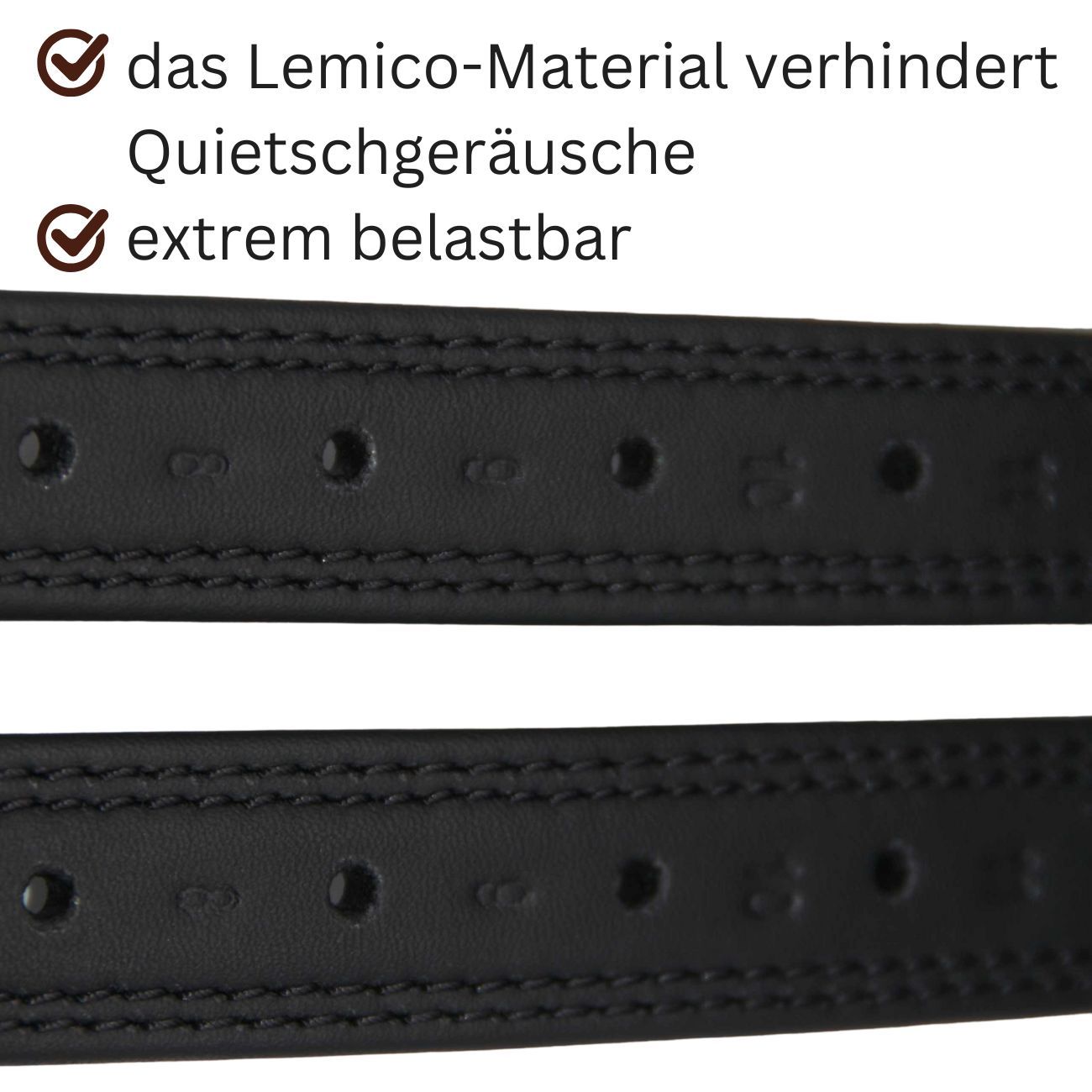 Nahaufnahme von zwei schwarzen Steigbügelriemen. Text: Das Lemico-Material verhindert Quietschgeräusche, extrem belastbar.