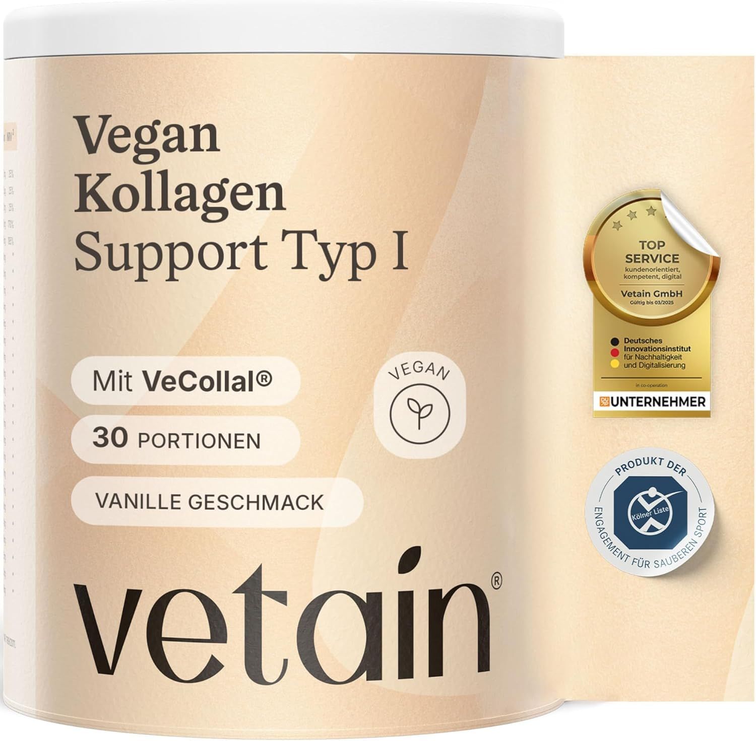 VETAIN Kollagenpulver Vegan - Mit VeCollal®, Vitamin C, Zink & Biotin - Für Haut, Haare & Nägel