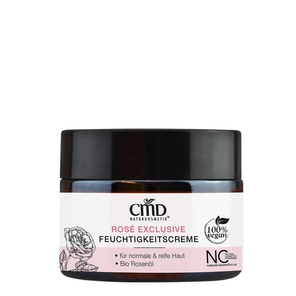 Creme-Tiegel mit schwarzem Deckel. Aufschrift: CMD Naturkosmetik Rosé Exclusive Feuchtigkeitscreme. 100% vegan. Für normale & reife Haut.
