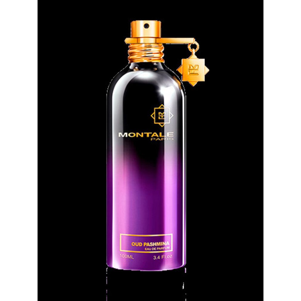 Parfümflakon mit goldfarbenem Verschluss und Anhänger. Farbverlauf von Schwarz nach Lila. Schriftzug: MONTALE PARIS, OUD PASHMINA.